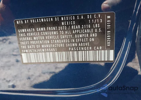 2014 Volkswagen Jetta 2.0L S из США, поврежденный, VIN 3VW2K7AJ4EM395451